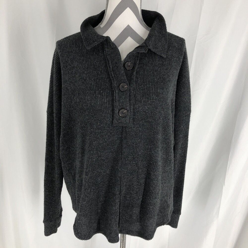 Zenana 1/4 Button Rib Knit Long Sleeve Gray L/XL